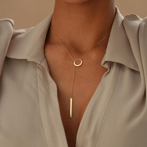 CIRCLE AND BAR LARIAT NECKLACE IN GOLD